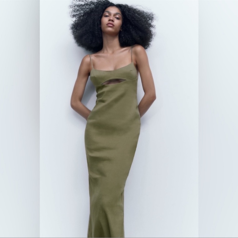 Zara light Khaki cut out linen dress